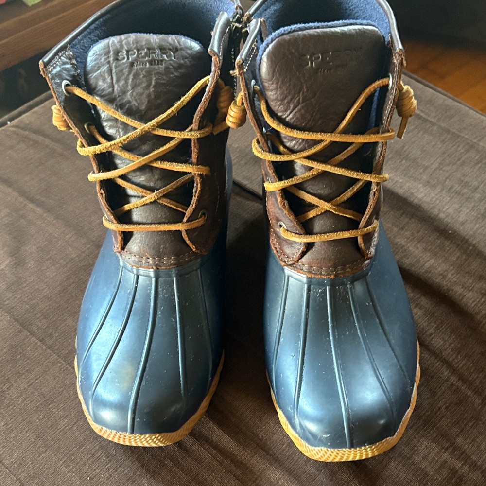 Sperry Navy and Brown Waterproof Duck Boots with Tan Laces